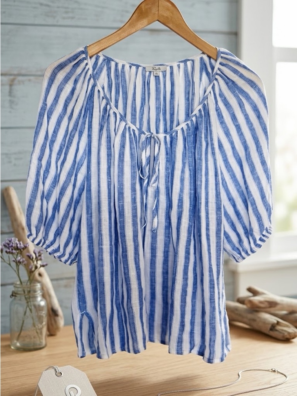 Rails White and Blue Vertical Stripe Peasant Top